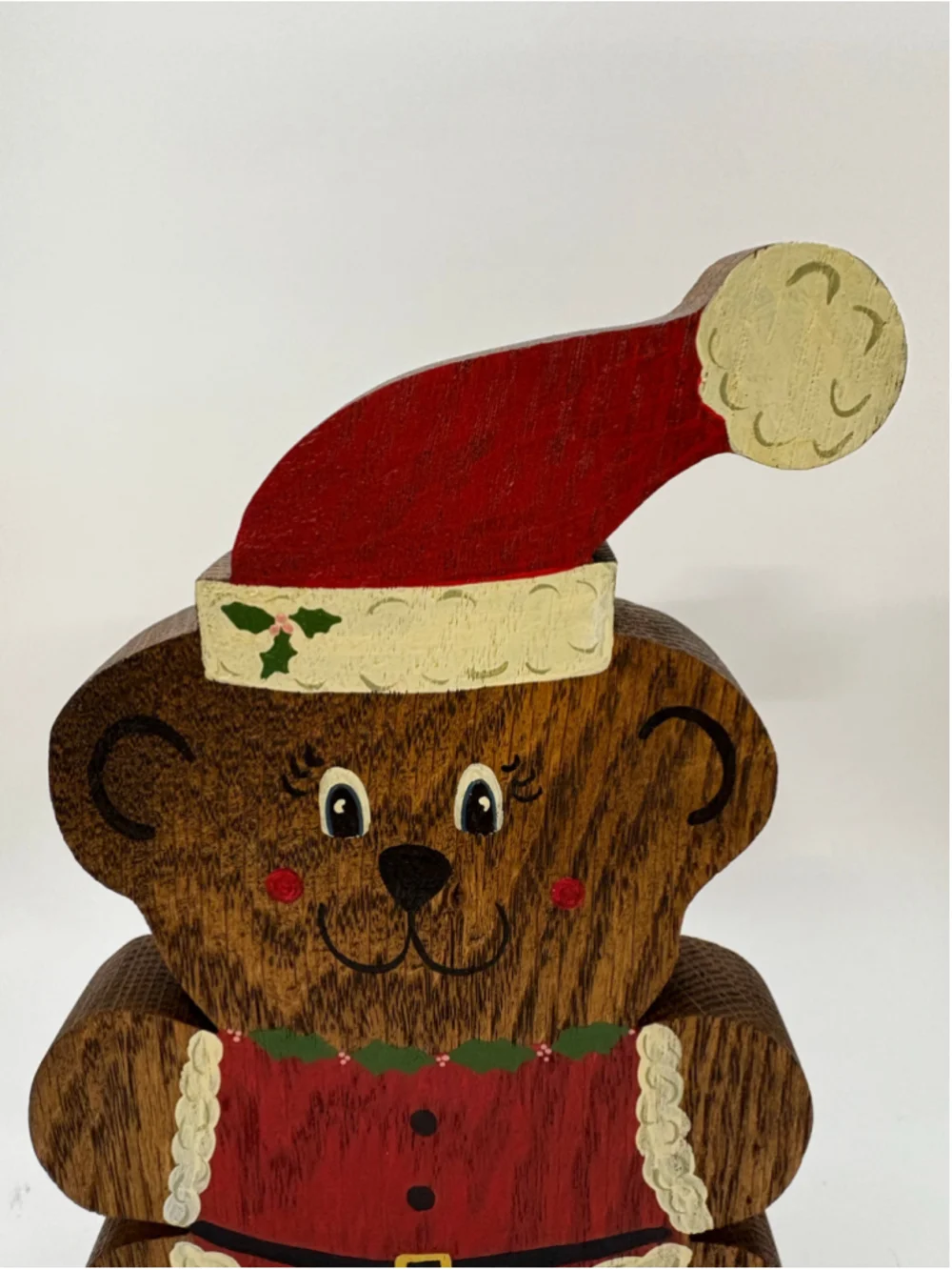 Holiday Decor Wooden Bear Figurine Brown Red